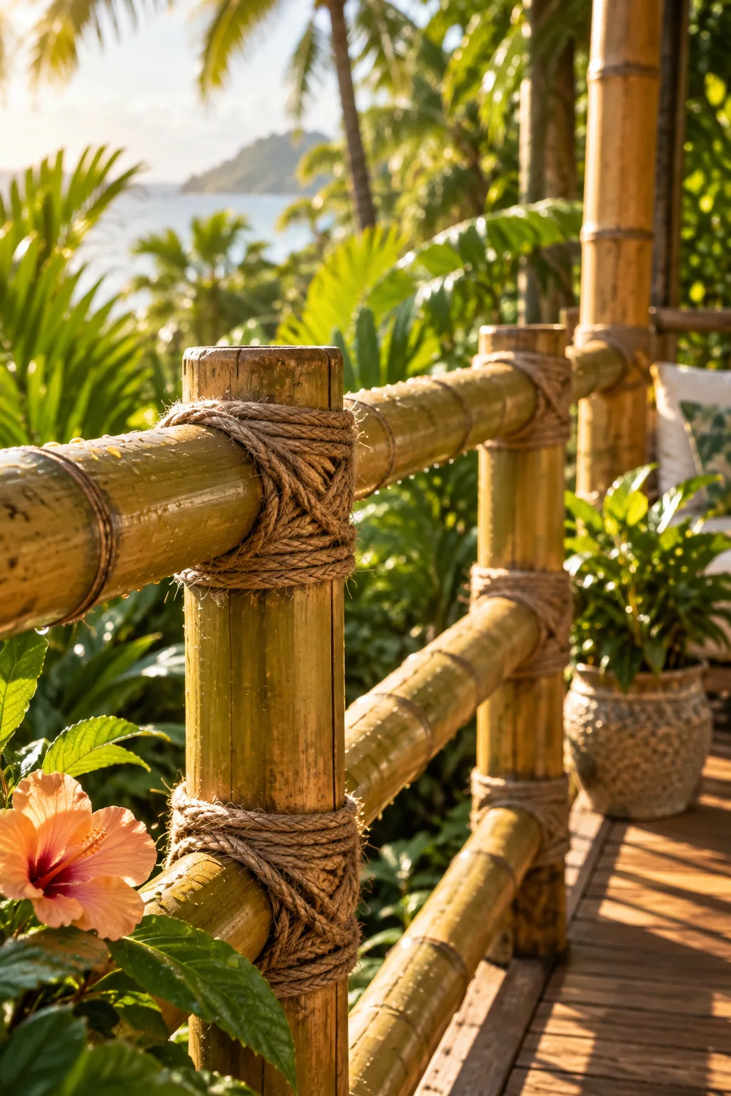 Horizontal thick bamboo poles lashed to deck posts