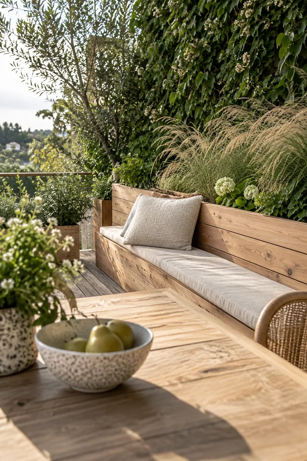 Deck boundary made of a built-in wooden bench with tall planter boxes behind it