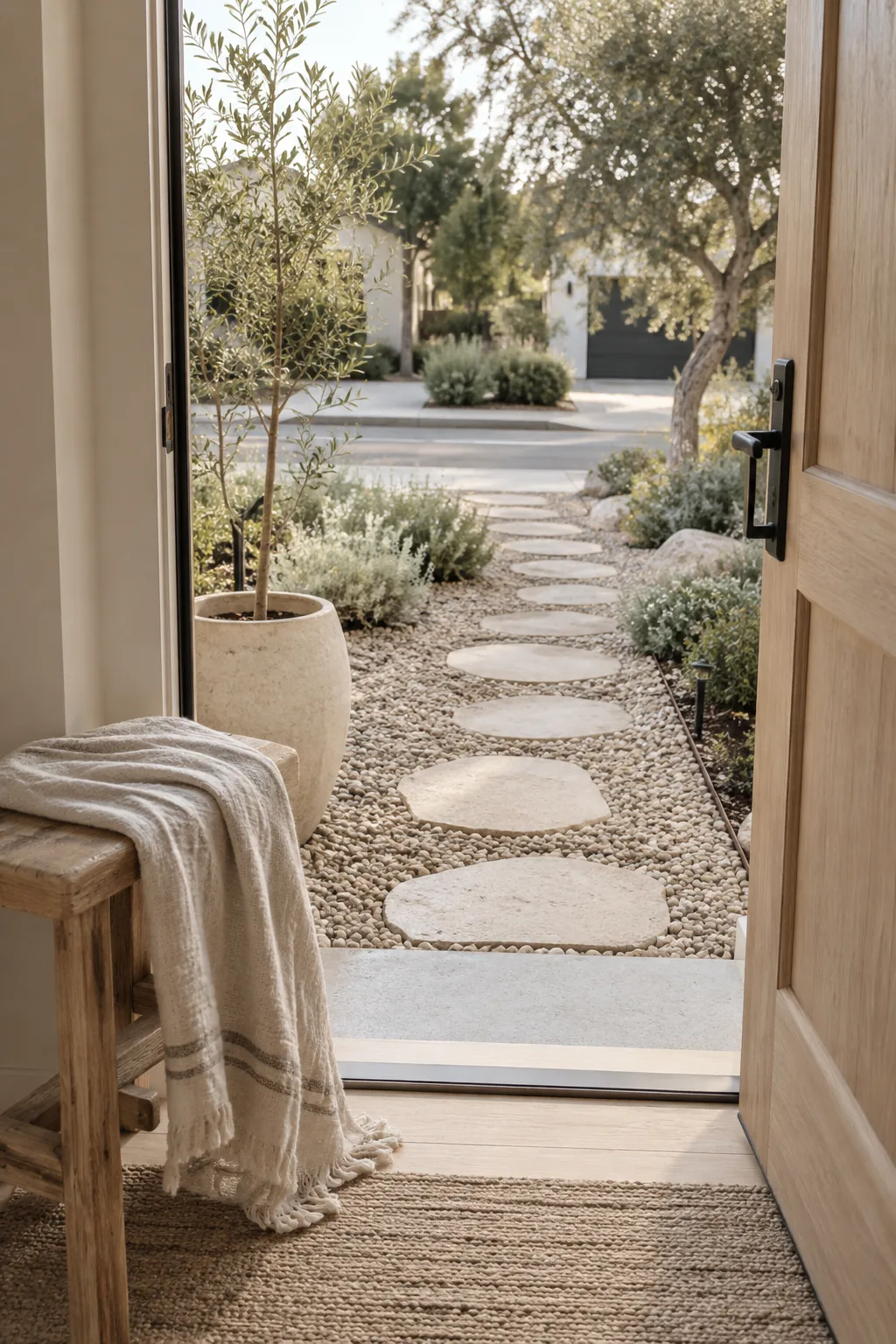 Front yard path made of pea gravel and large square stepping stones.