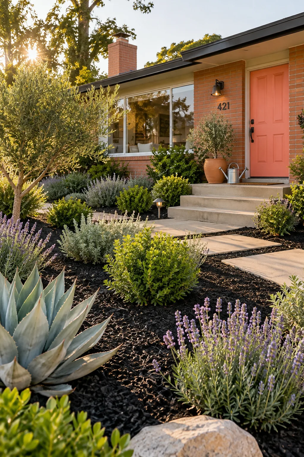 Dark black mulch surrounding bright green drought-tolerant shrubs.