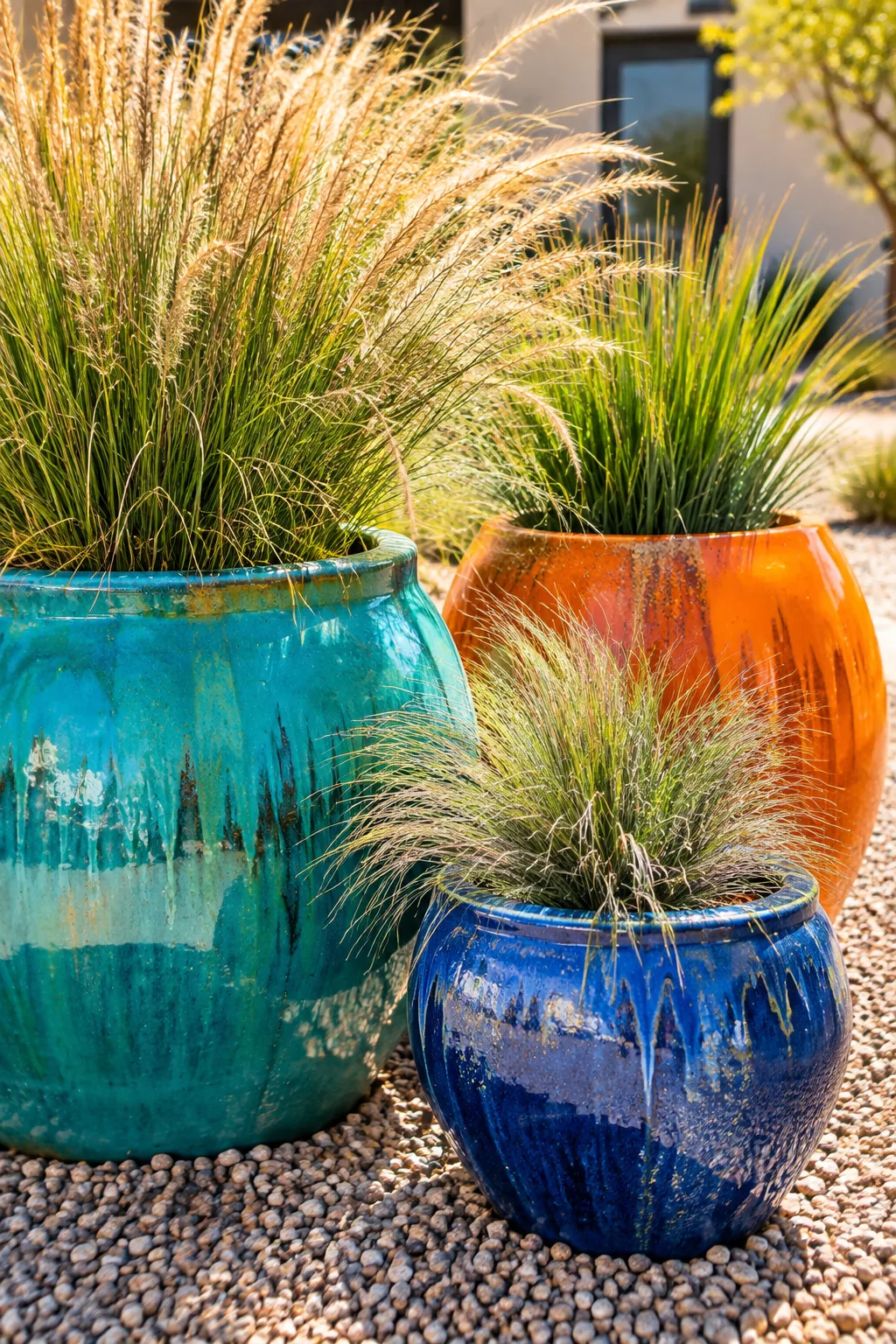 Three large concrete planters filled with tall grasses on a gravel yard.