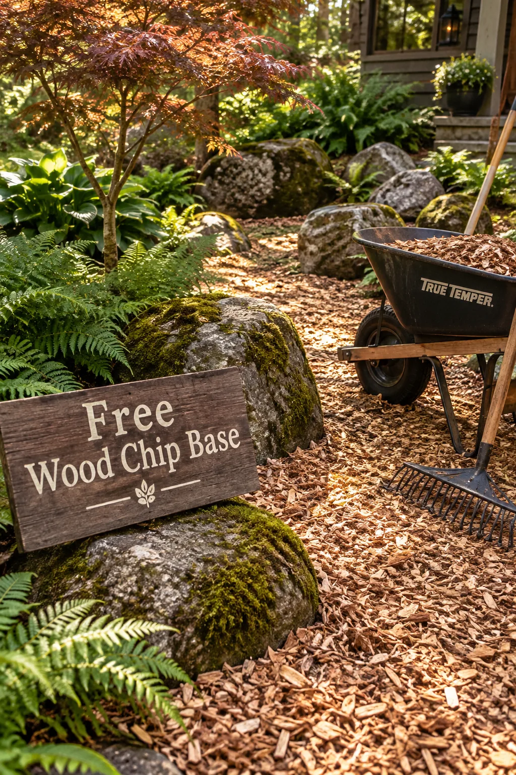 Front yard covered in thick wood chips with scattered large boulders.