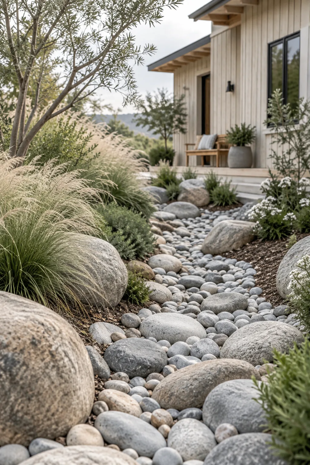 Shallow trench lined with river rocks and large cobble stones curving through a yard.