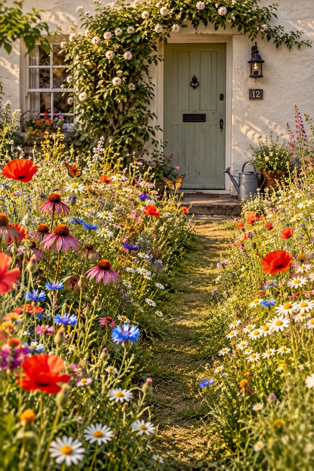 Front yard bursting with colorful wildflowers and tall grasses.