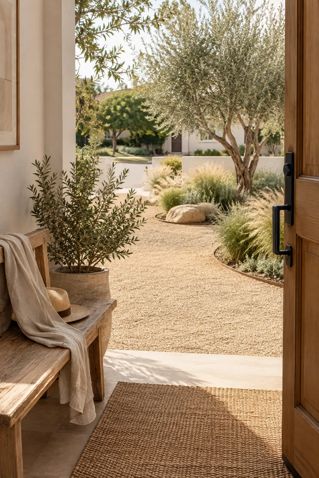 Smooth decomposed granite yard with curved metal edging and small plants.
