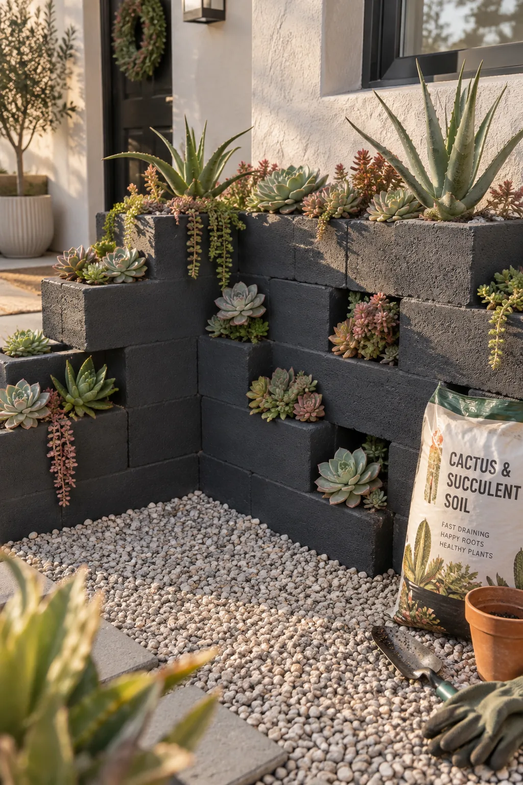Charcoal painted cinder blocks stacked as raised beds filled with succulents.