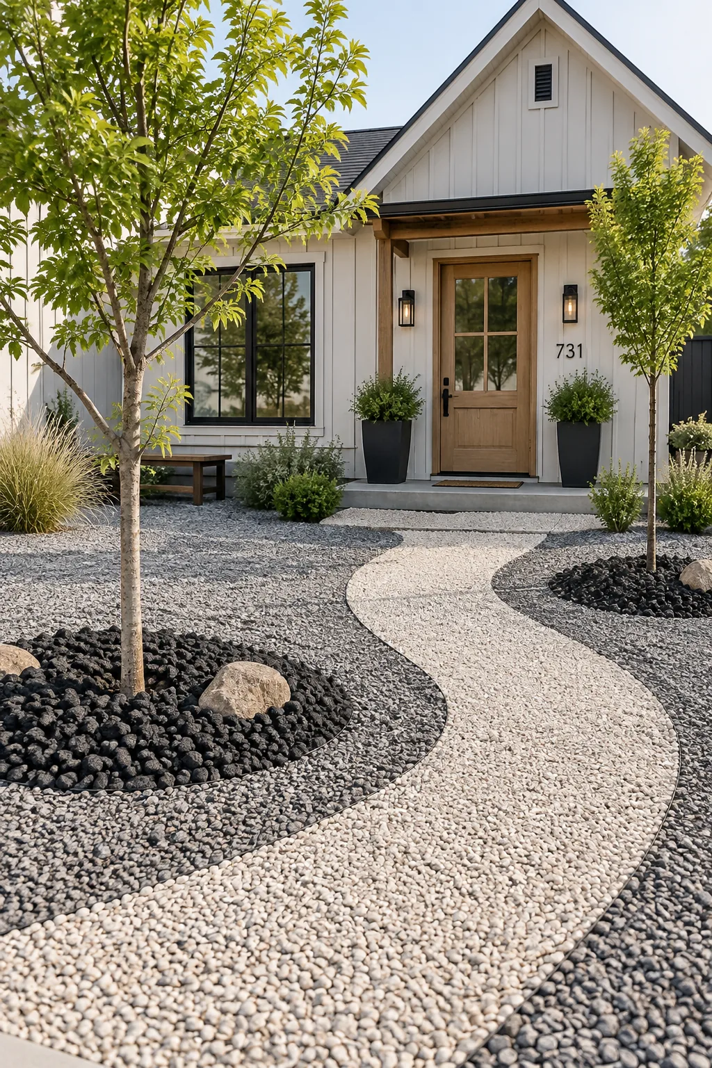 Front yard featuring light crushed stone paths bordered by dark lava rock.