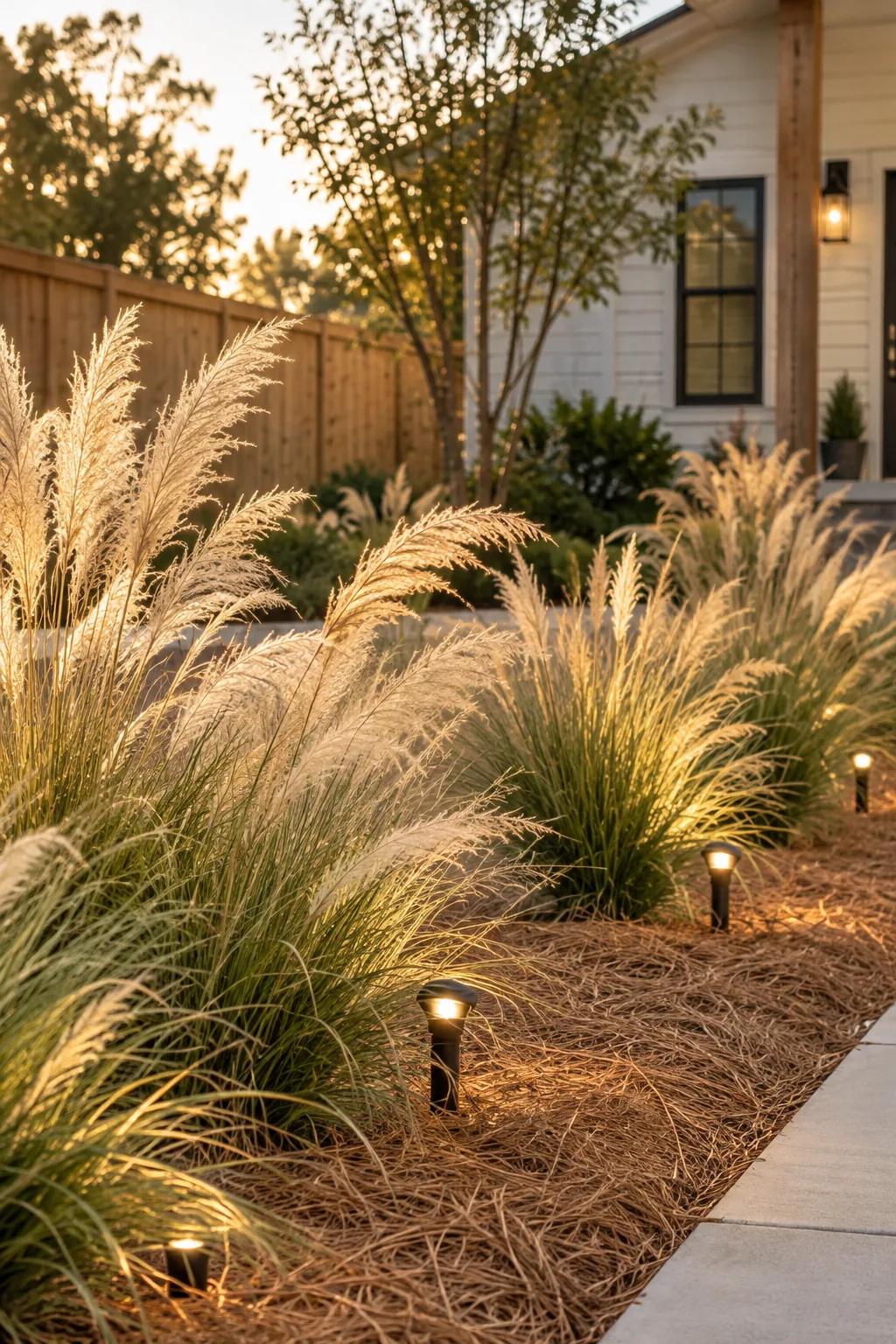 Tall ornamental grasses planted in a neat grid surrounded by pine straw.