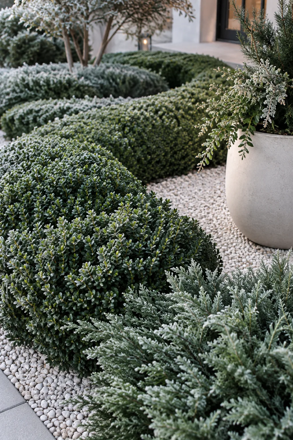 Dense evergreen shrubs planted in a curved line across a gravel yard.