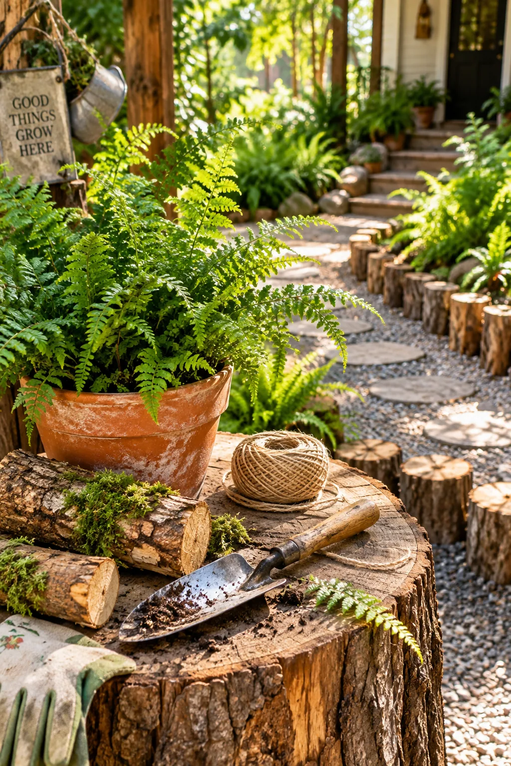 Old weathered logs used as a border for a front yard pathway with ferns.