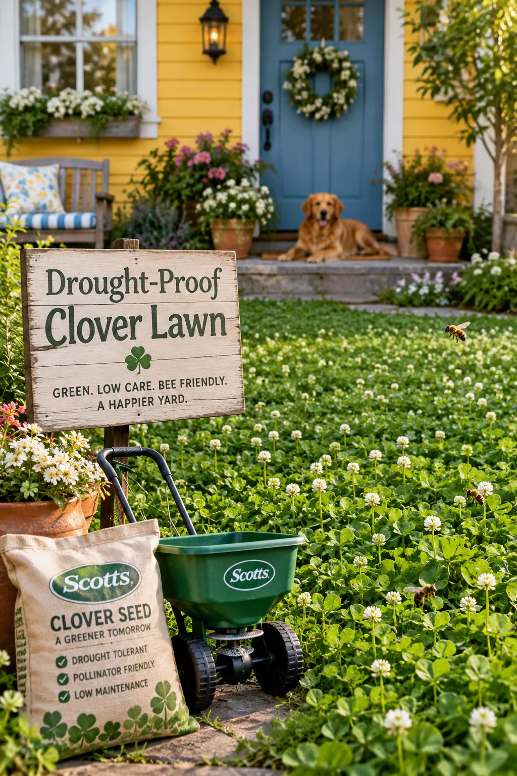 Lush green clover growing thickly in a front yard with small white flowers.