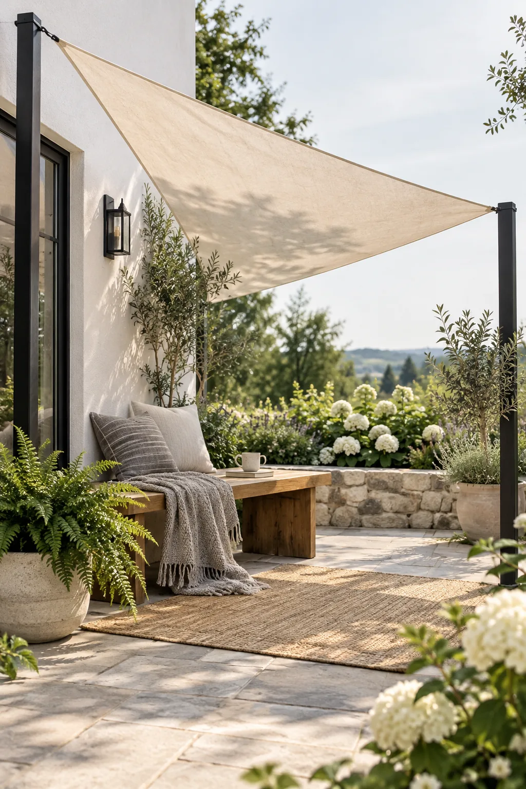 White triangular shade sail stretched over a wooden patio deck