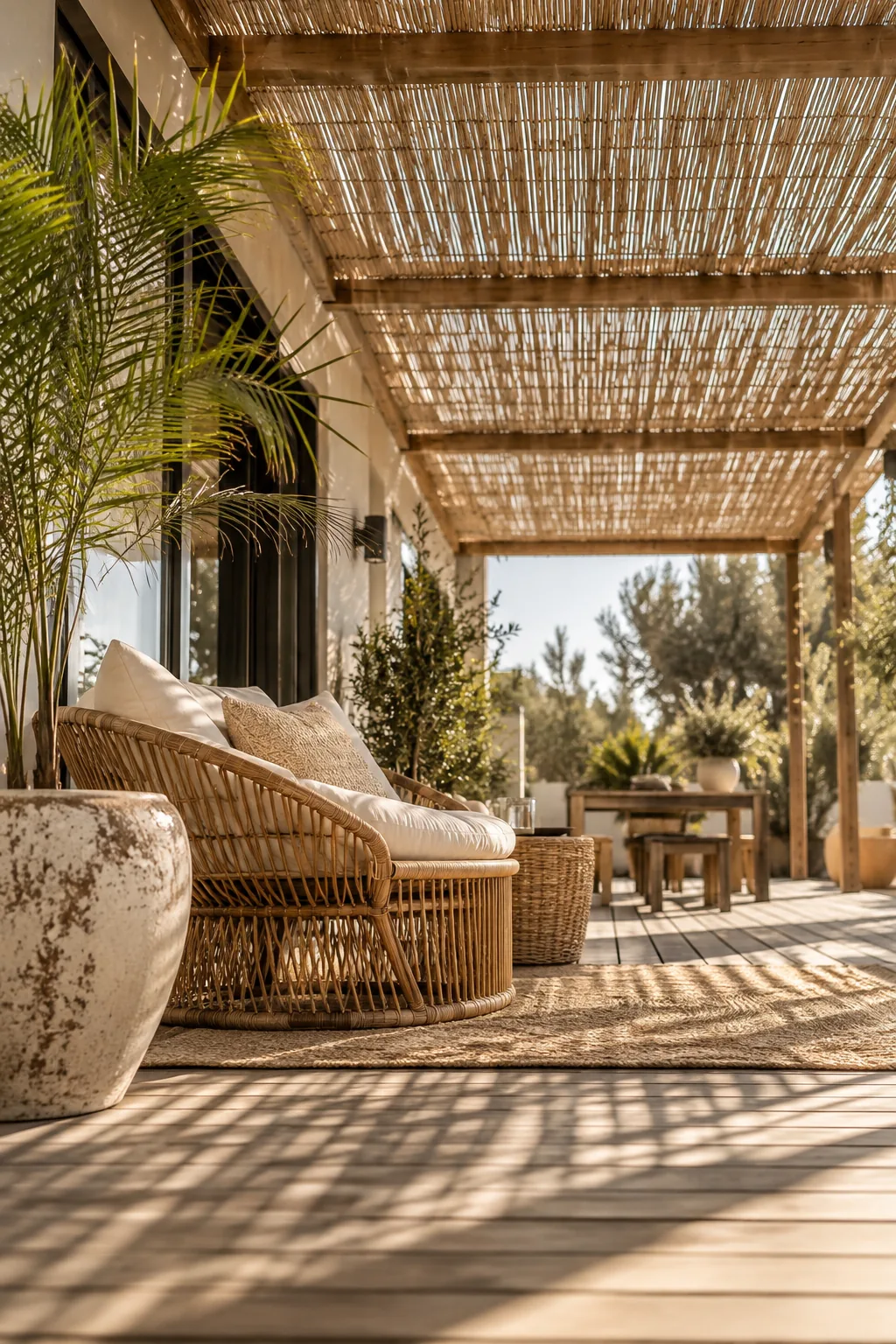 Bamboo reed mats rolled over a wooden pergola frame