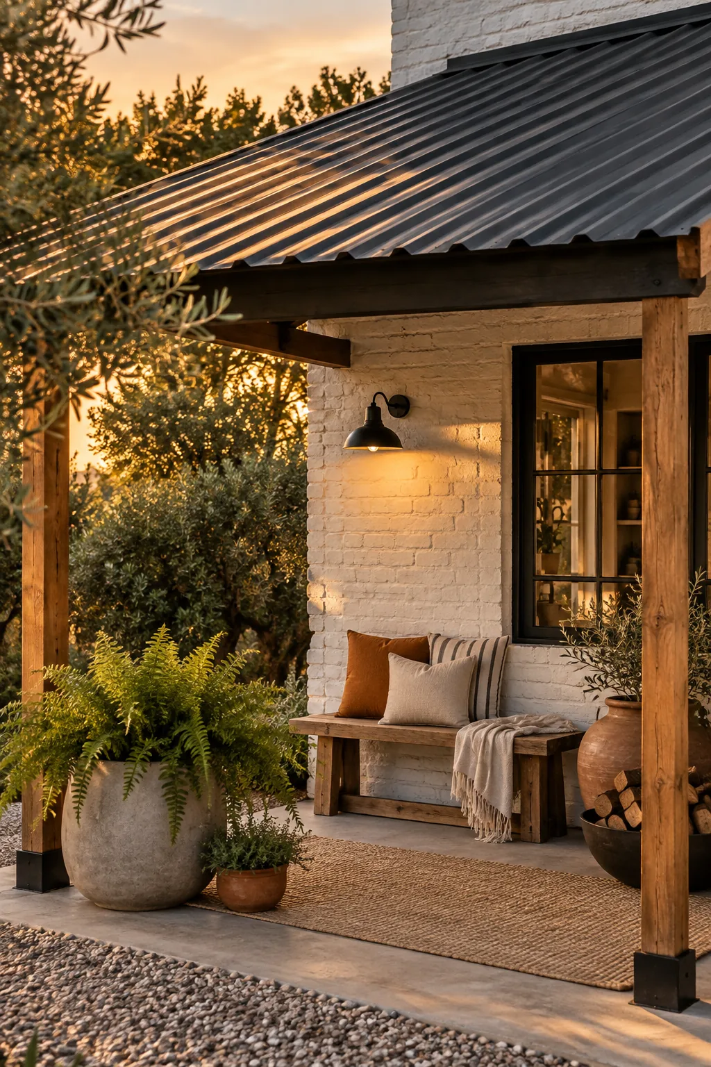 Corrugated metal roofing panels installed over a patio seating area
