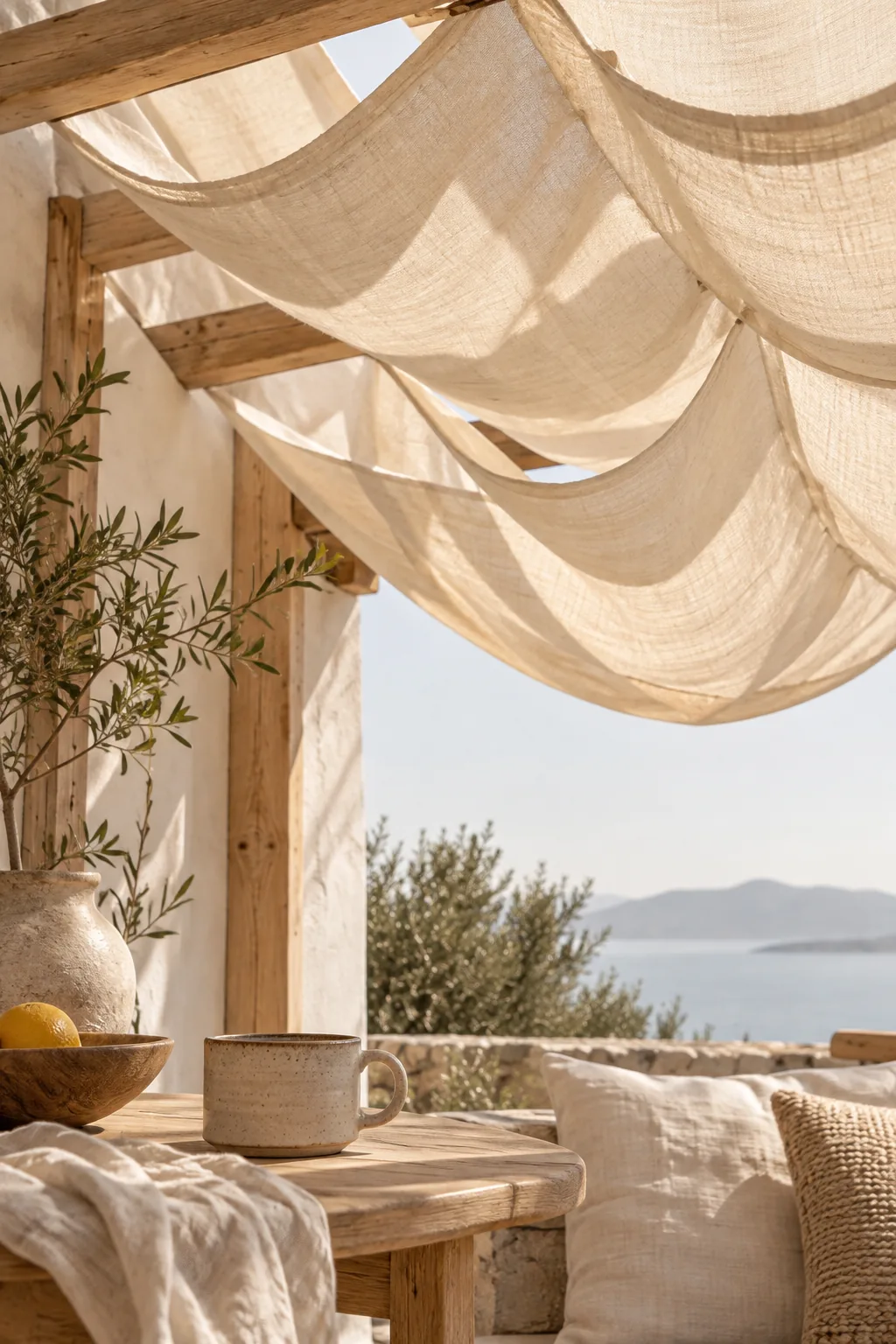 Canvas drop cloths woven through wooden pergola beams