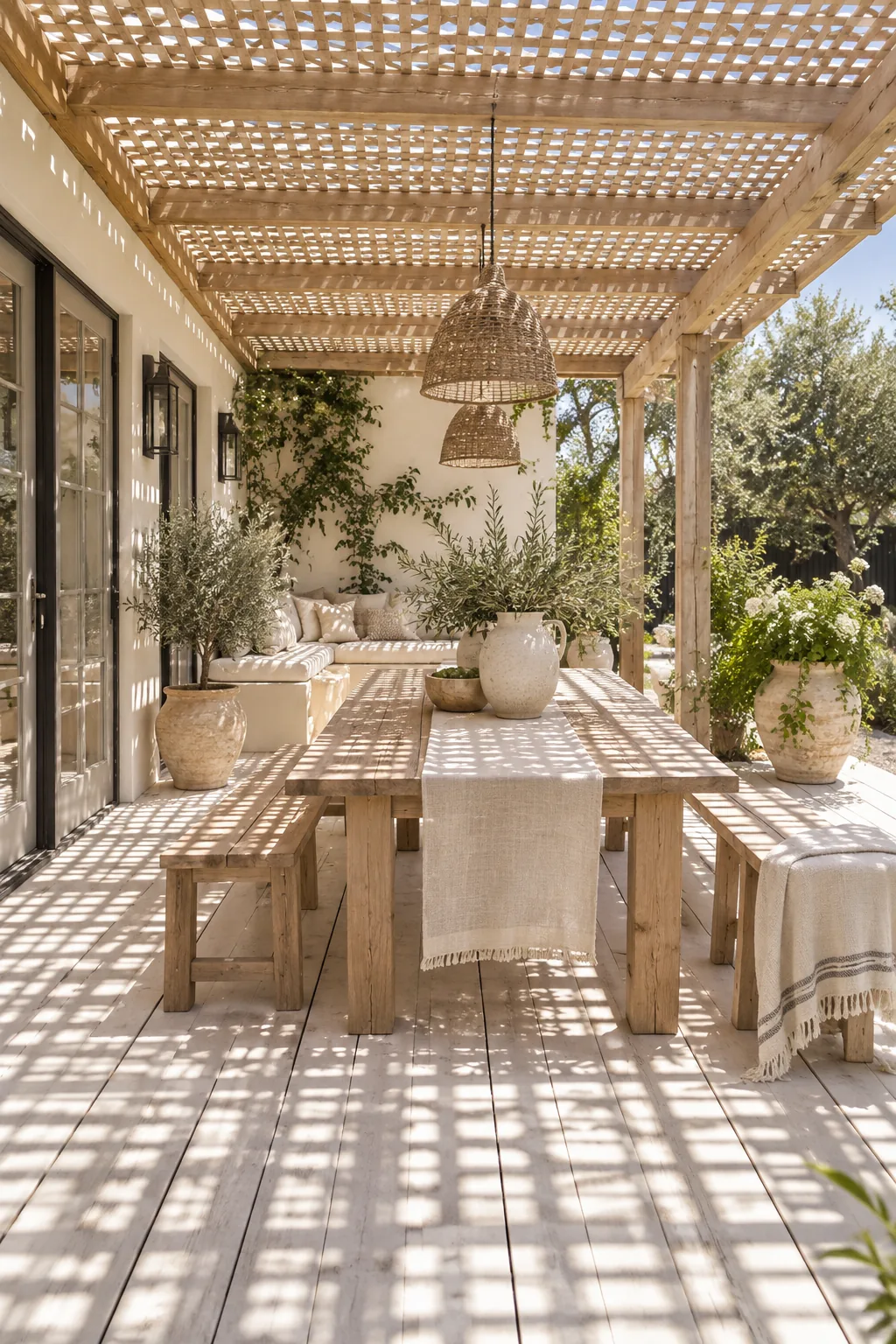 Wooden lattice panels attached to a pergola roof providing dappled shade