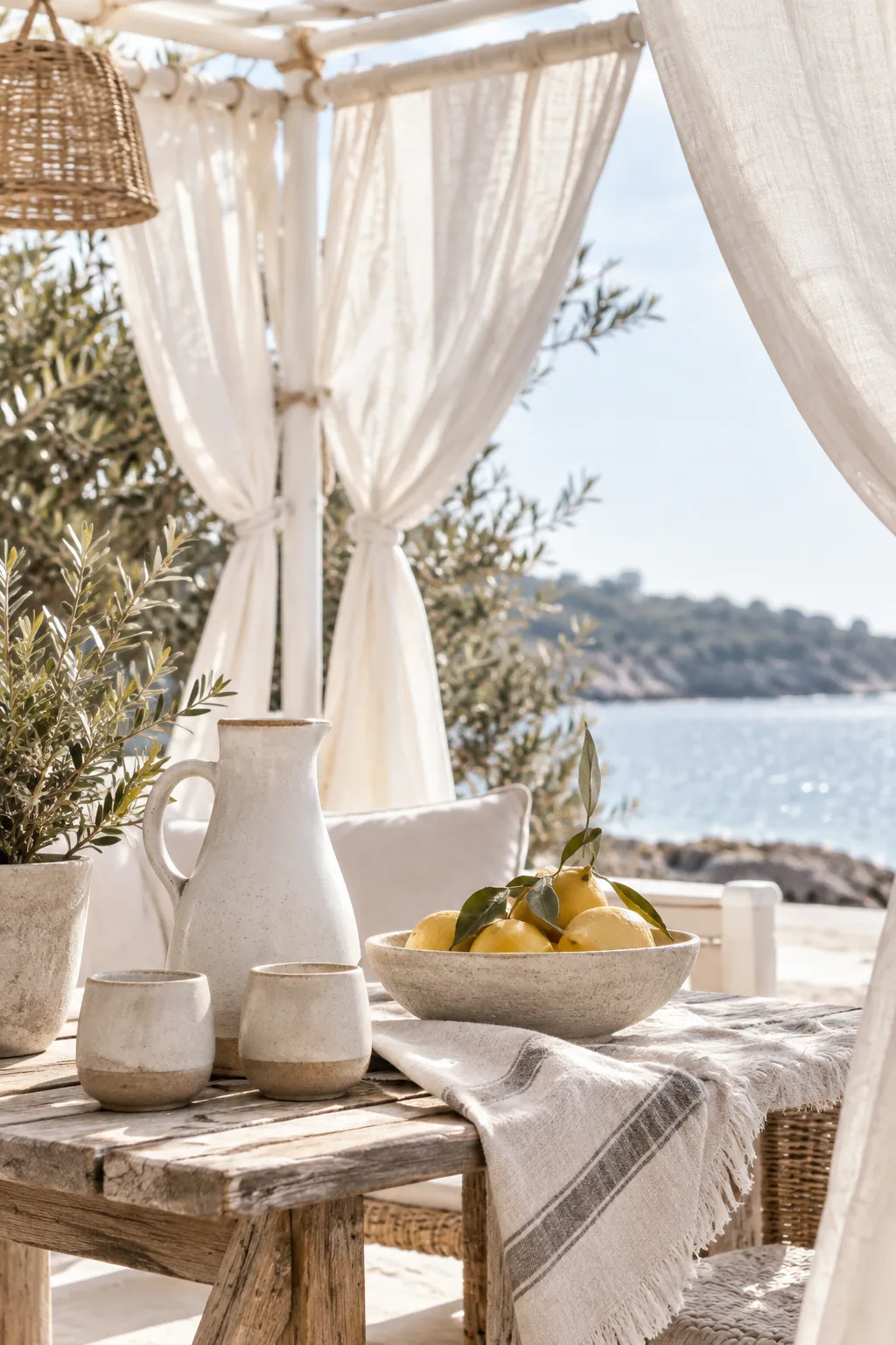 White outdoor curtains hanging from a black painted PVC pipe frame