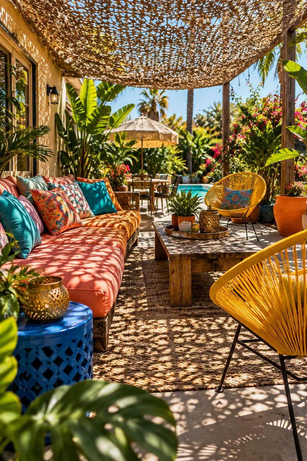 Tan camouflage netting stretched over a backyard patio seating area