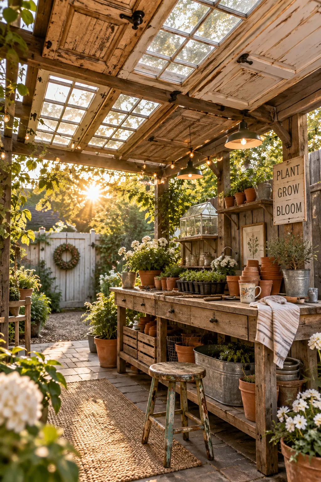 Vintage glass and wood doors mounted as a solid roof over a patio
