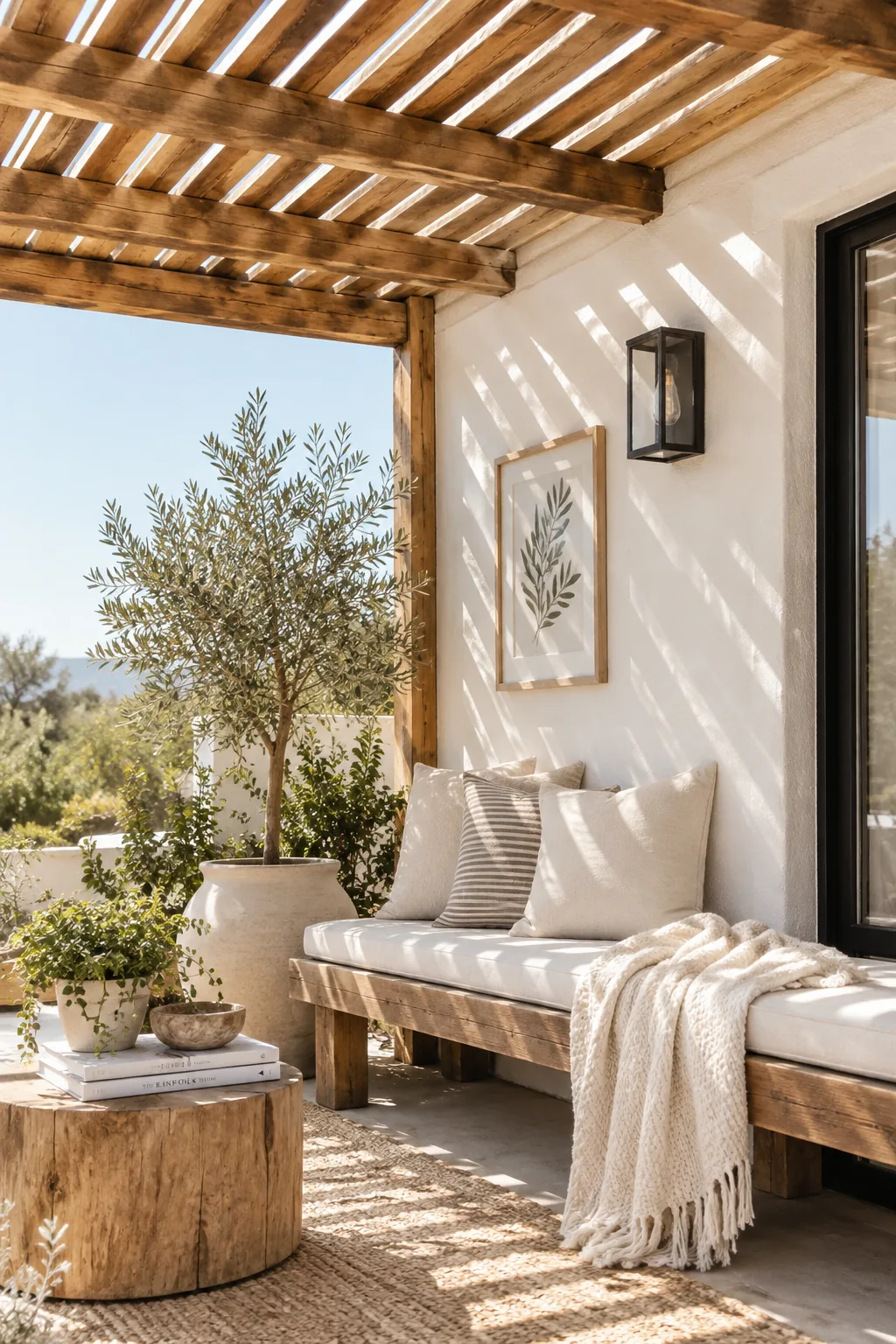Reclaimed pallet wood slats nailed across a pergola roof