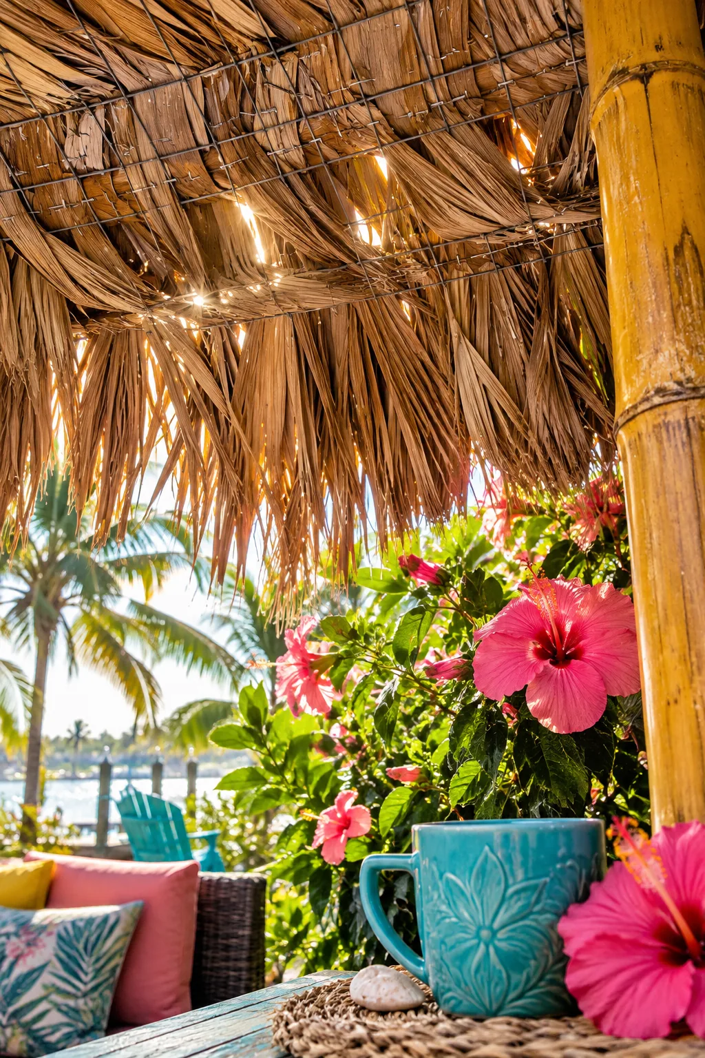 Palm thatch roofing installed over a backyard outdoor kitchen