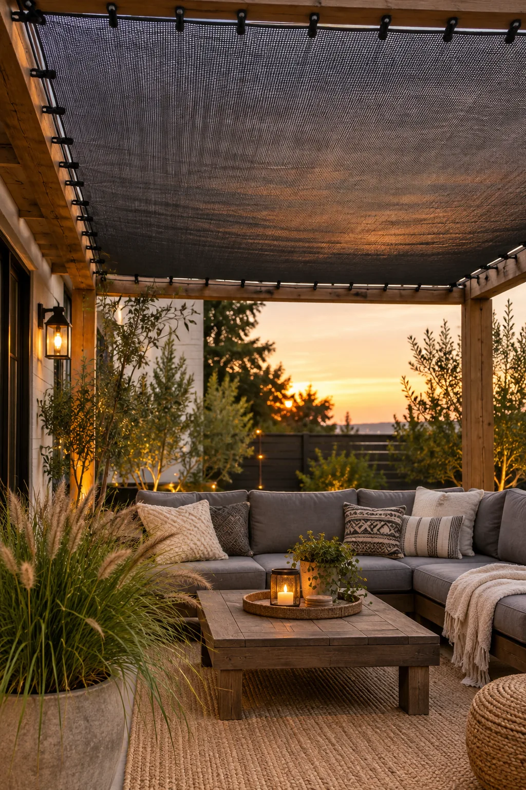 Black trampoline mat stretched tight as a shade cover over a deck