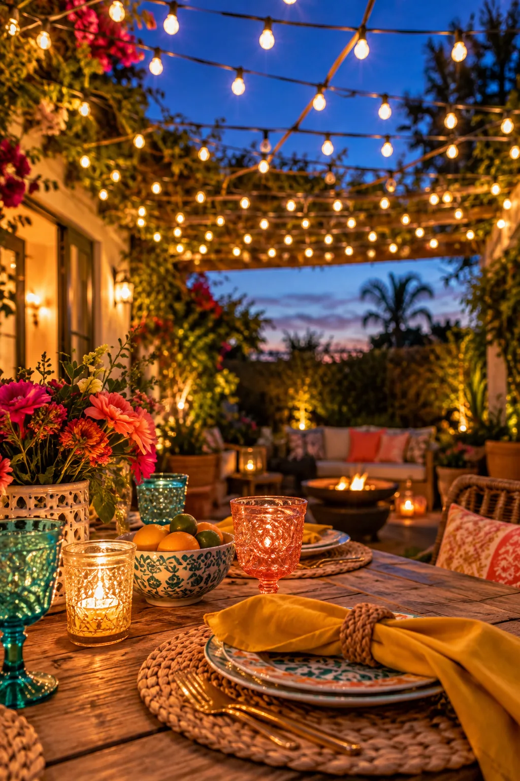 Dense zig-zag pattern of outdoor string lights hanging over a patio