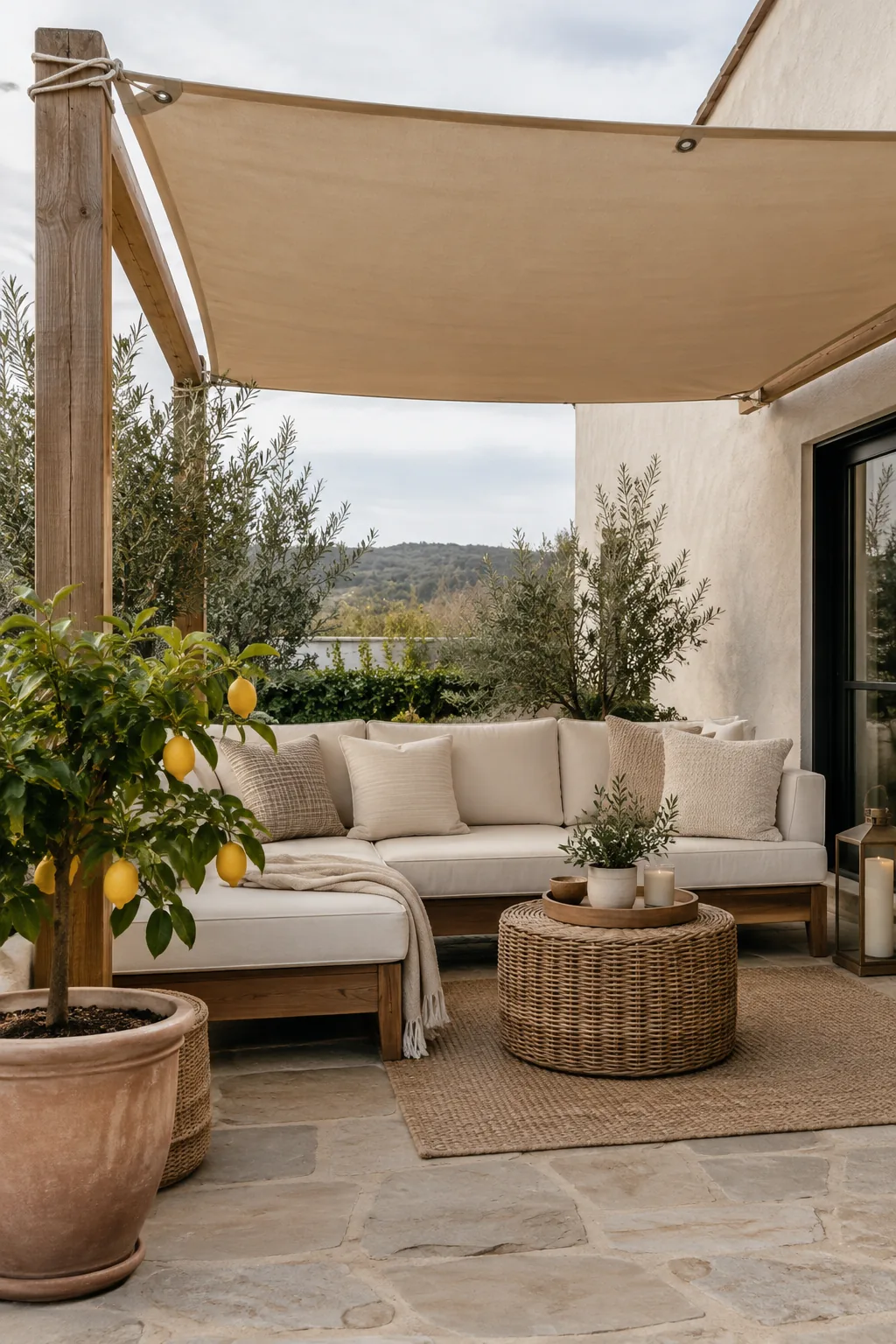 Crisp white heavy-duty tarp stretched tightly over a wooden patio frame