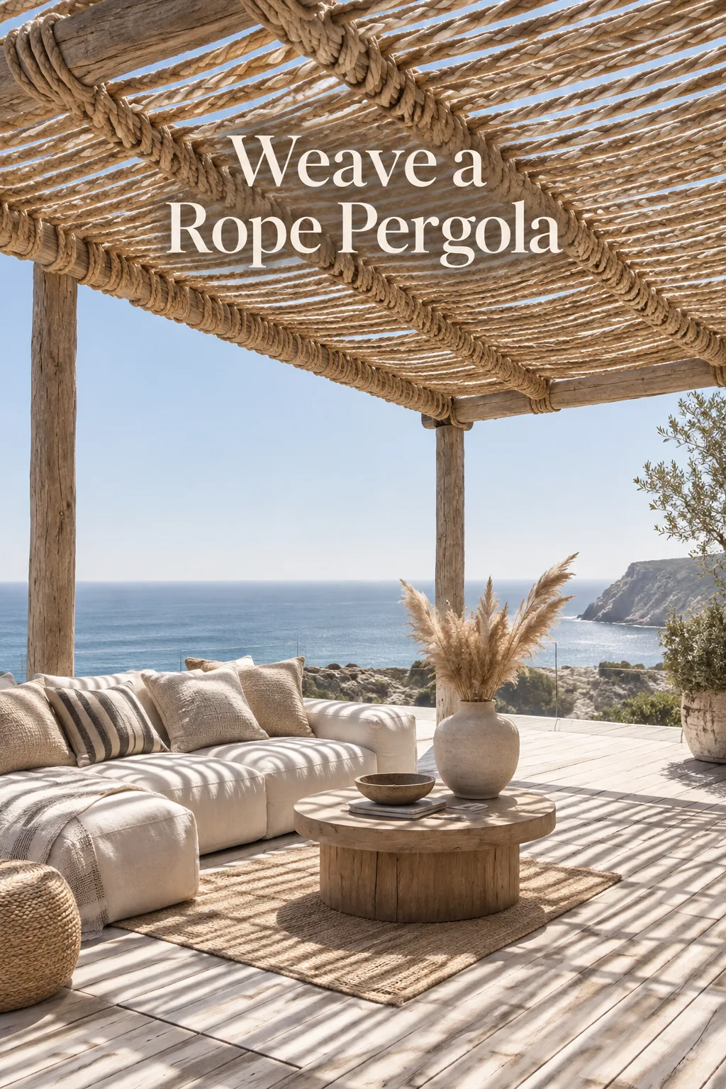 Thick manila rope woven tightly between pergola beams