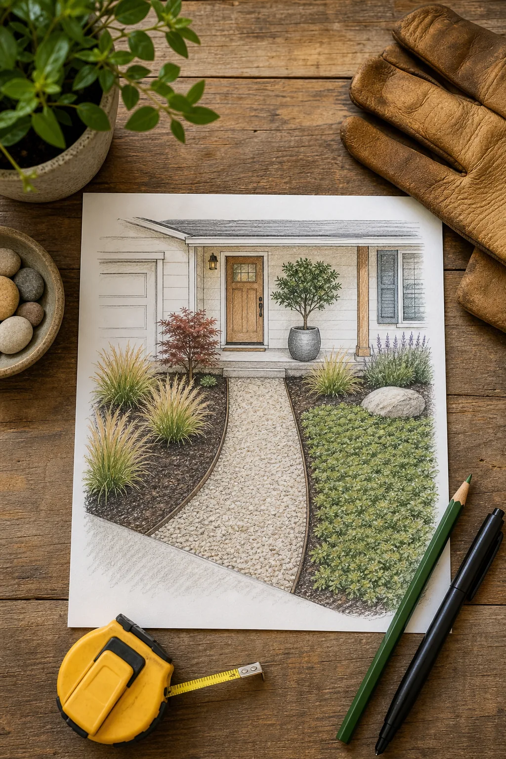 Hand-drawn front yard landscape layout sketch on a wooden table with gardening gloves.