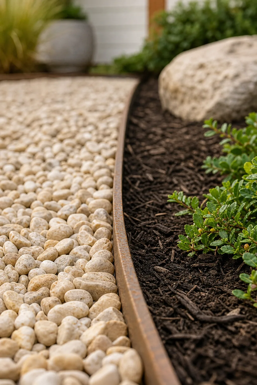 Close-up of rusted steel landscape edging separating pea gravel from dark soil.