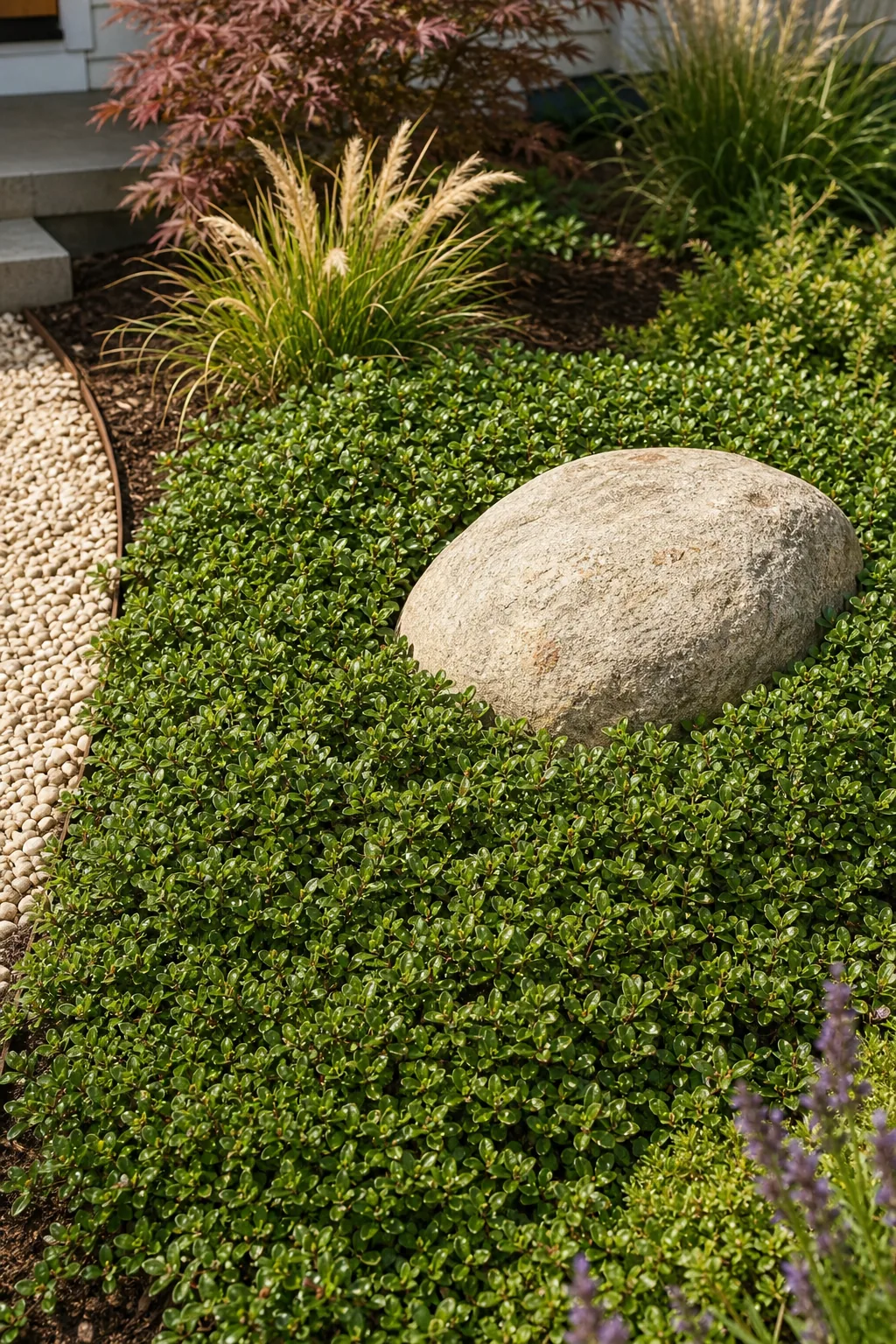Lush green creeping groundcover surrounding a smooth granite landscape boulder.