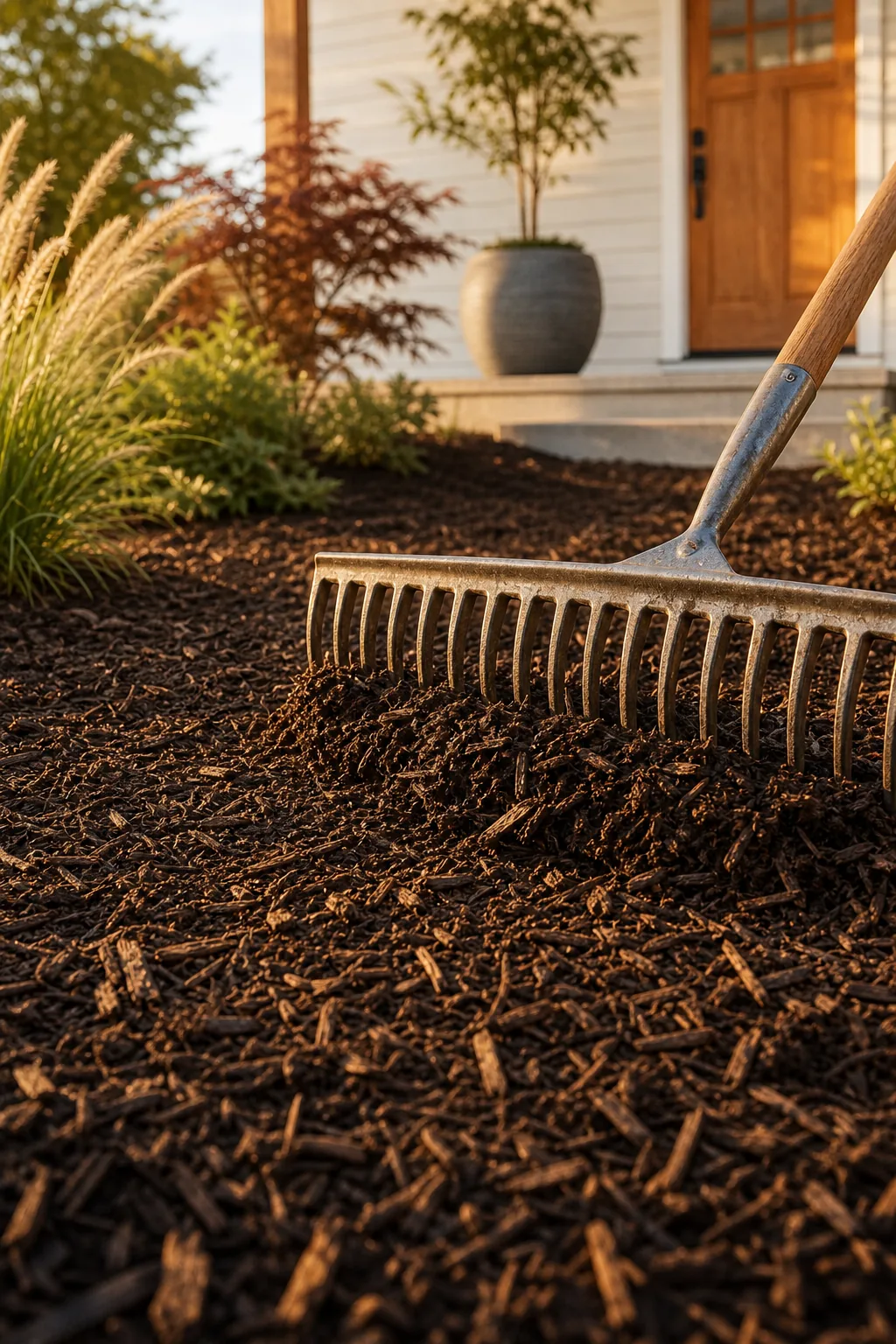 Metal rake spreading dark brown mulch in a garden bed.