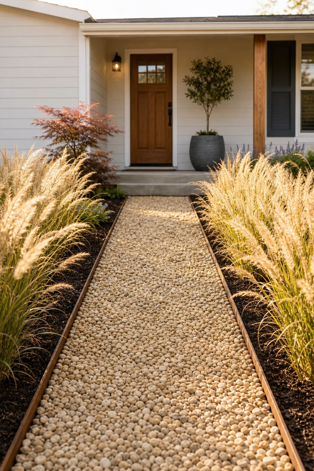 Pea gravel path lined with glowing ornamental fountain grasses.