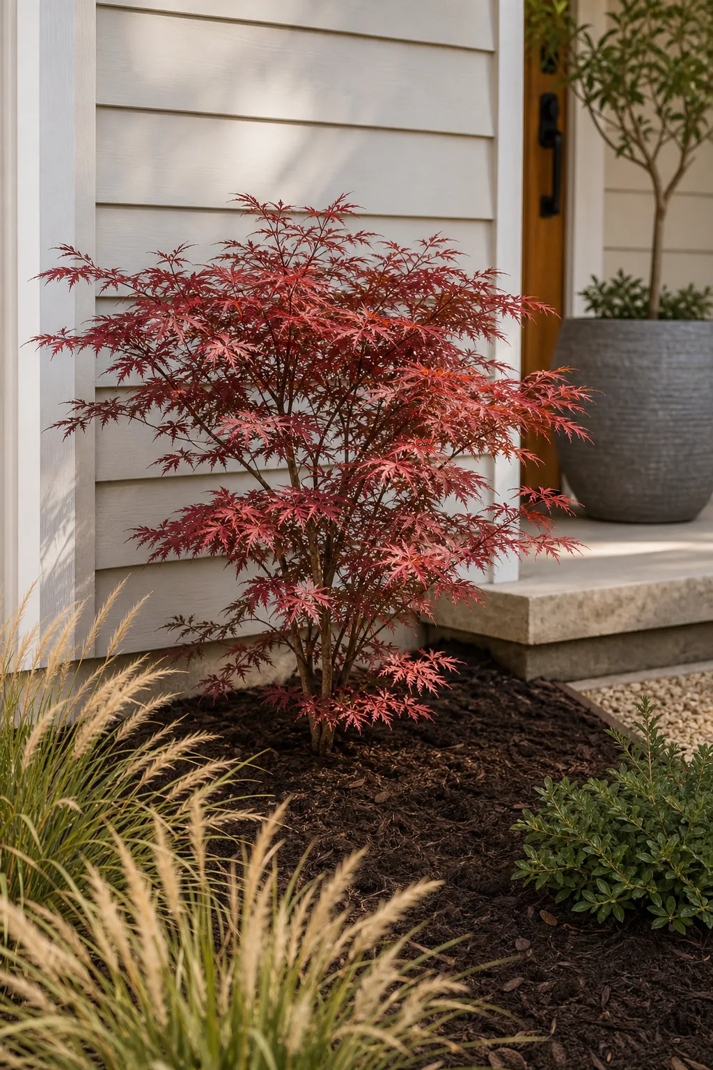 Small red dwarf Japanese maple tree planted in dark mulch.