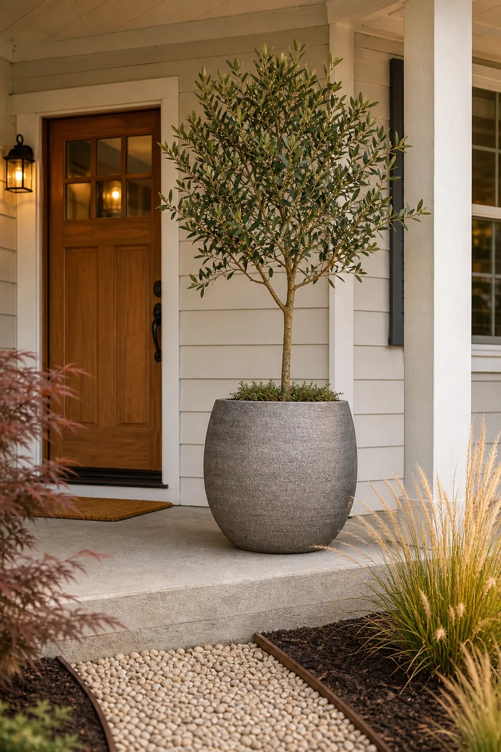 Large concrete-look planter with an olive topiary on a front porch.