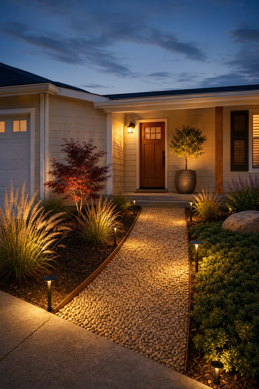 Finished front yard landscaping illuminated by warm path lights at twilight.