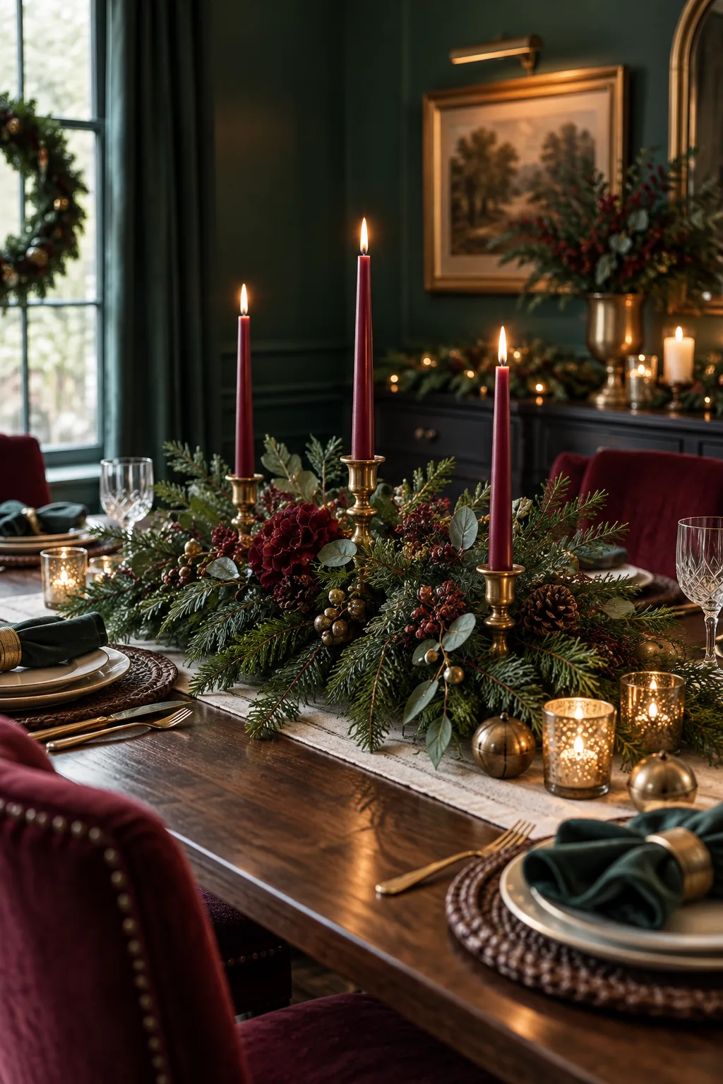 Moody Christmas centerpiece with burgundy candles and dark pine on a wooden dining table.