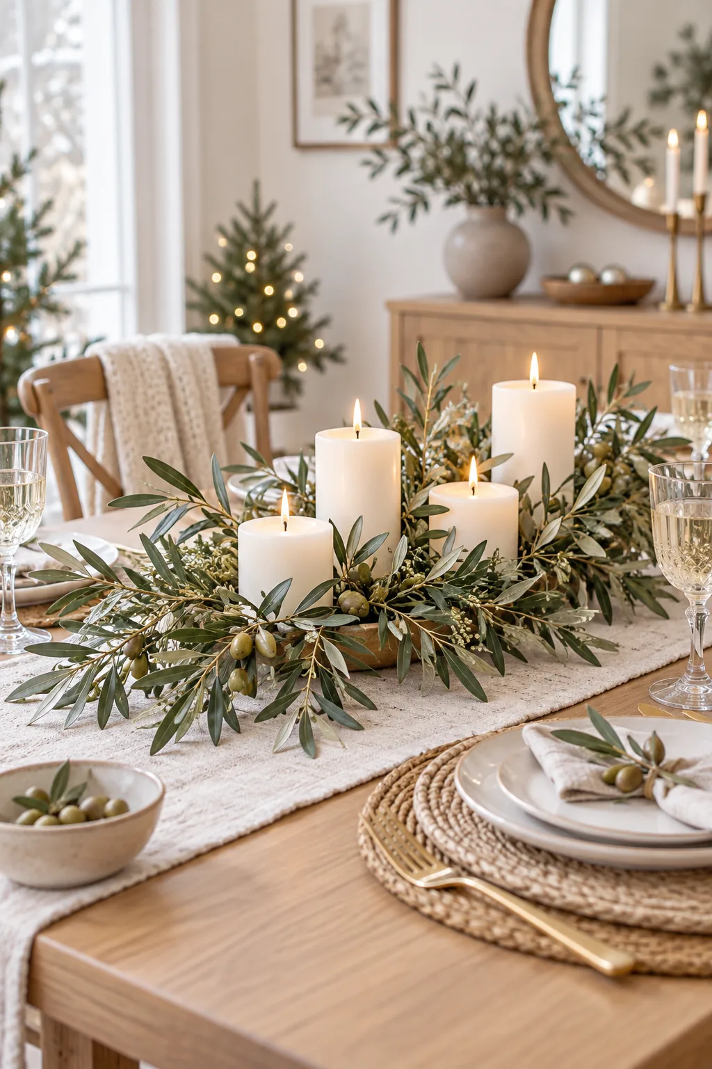 Minimalist Scandinavian Christmas centerpiece with olive branches and white block candles on a light oak table.