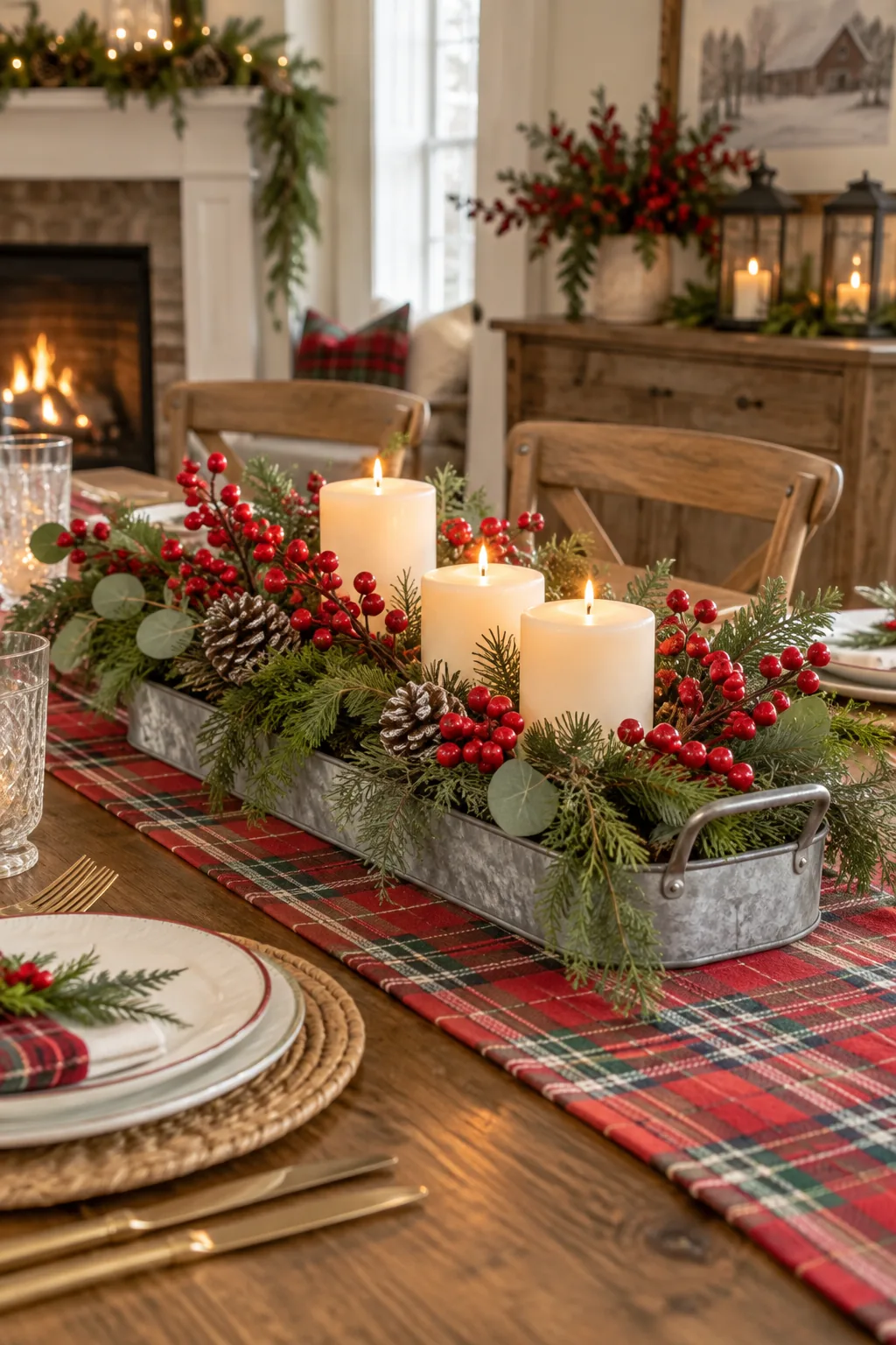 Rustic farmhouse Christmas centerpiece with red berries and pillar candles on a plaid runner.