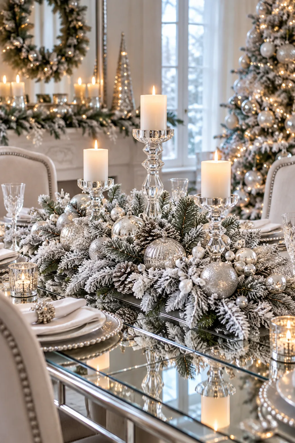 Glamorous winter wonderland Christmas centerpiece with flocked evergreens and silver ornaments on a mirrored table.