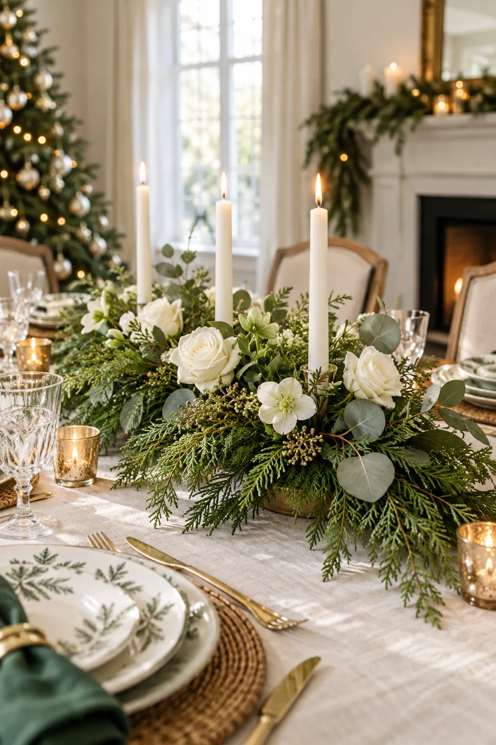 Close-up of a holiday centerpiece base where evergreen branches drape over a barely visible shallow clay saucer on a linen tablecloth.