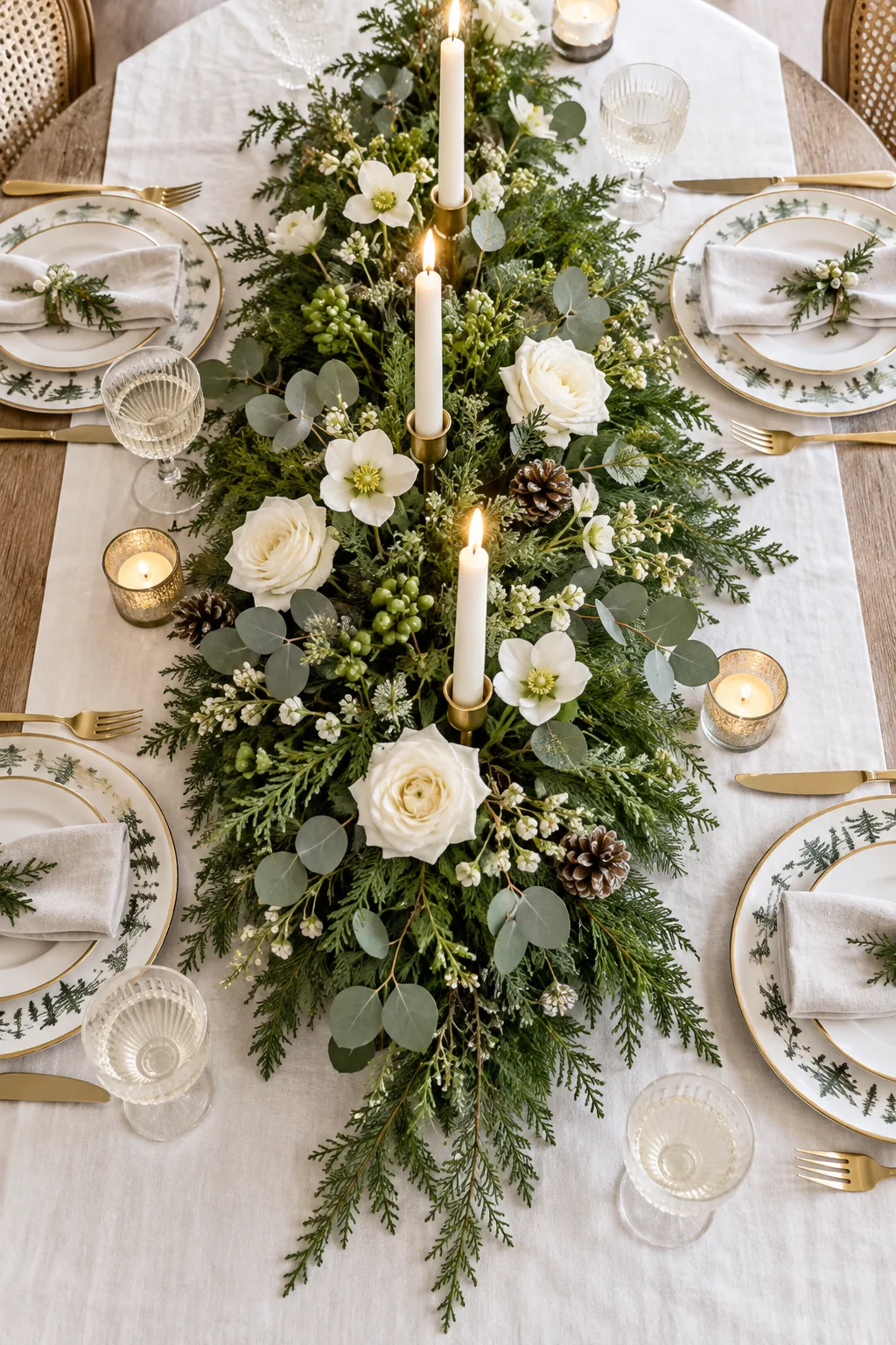 Elevated view of a Christmas centerpiece with cedar branches cascading onto a set dining table.