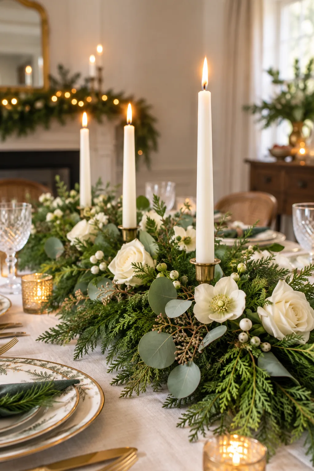 Eye-level view across a dining table showing a low evergreen centerpiece that leaves sightlines open below lit taper candles.