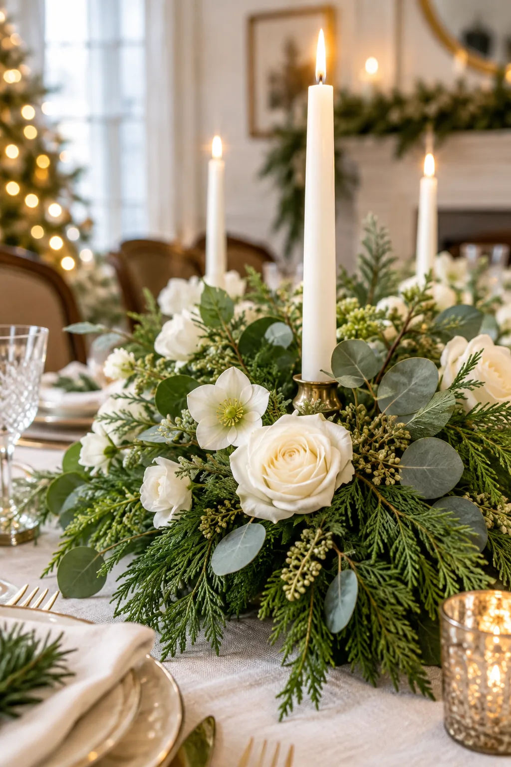 Close-up of a perfectly straight white taper candle secured firmly within a lush evergreen centerpiece.