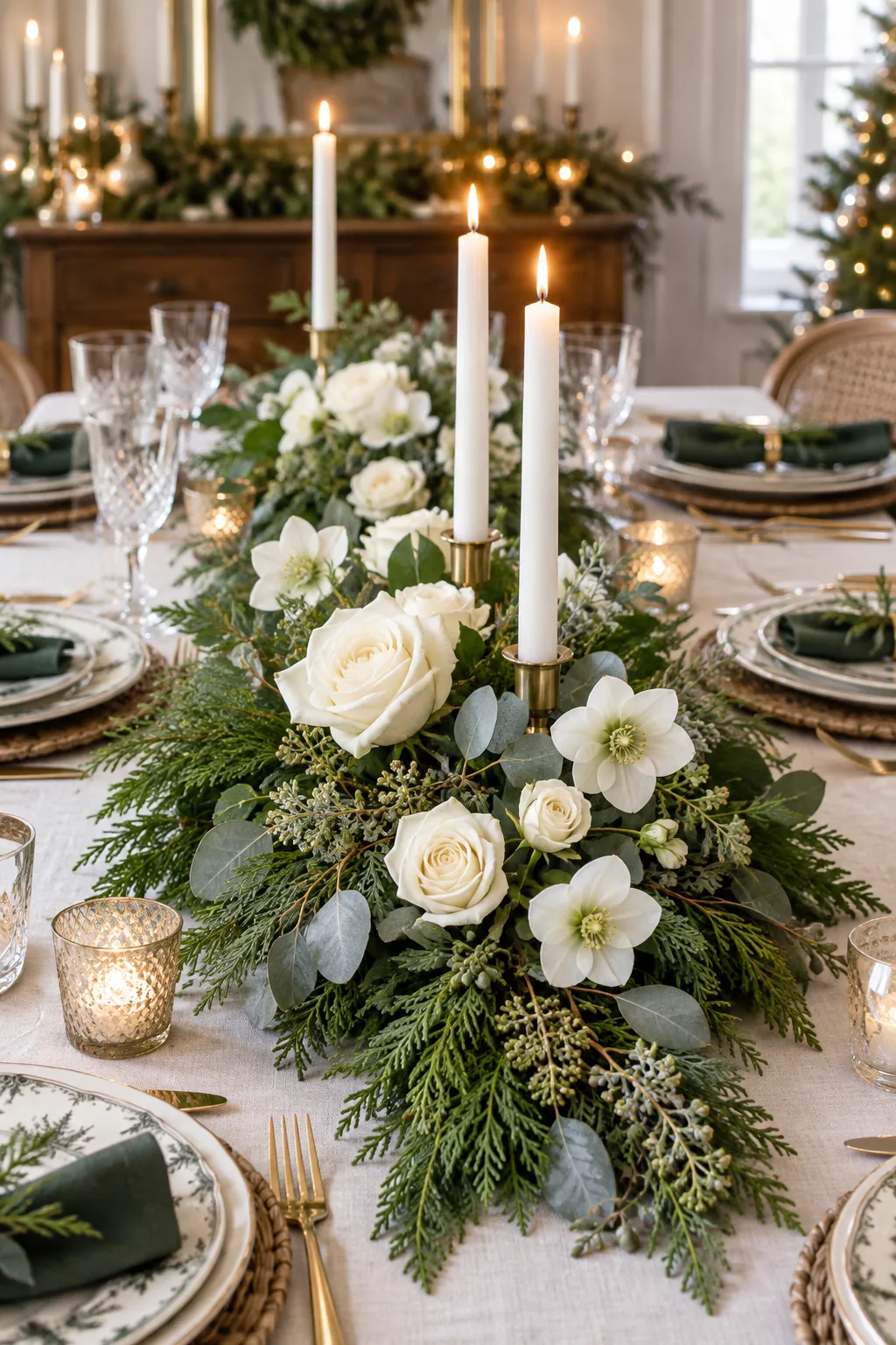 Overhead view of white roses and hellebores tucked into an evergreen centerpiece.