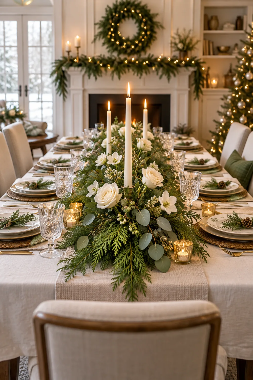 Long view down a dining table featuring a balanced Christmas centerpiece with evergreens, white blooms, and three candles.