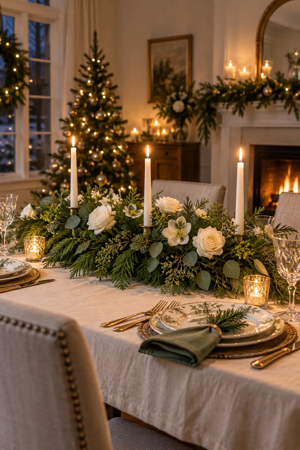 A fresh, vibrant Christmas centerpiece glowing under candlelight on an evening dining table.