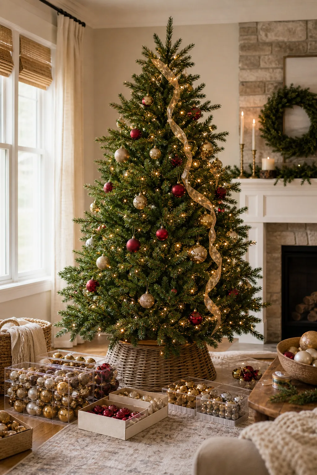 Boxes of sorted ornaments sitting on the floor next to a partially decorated Christmas tree.