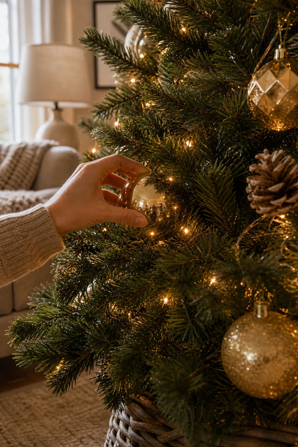 A hand placing a reflective gold ornament deep inside the branches of a lit Christmas tree.